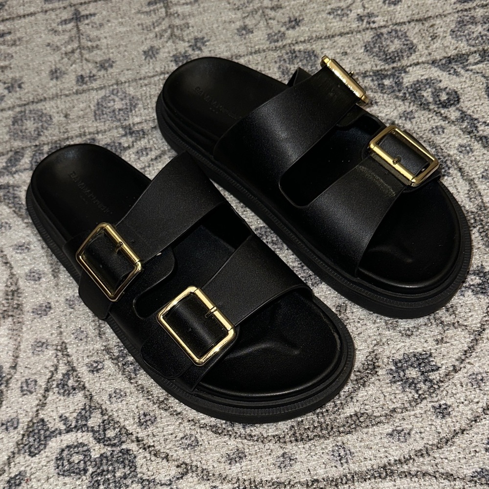 Banana Republic Factory Black Slides with Gold Buckles